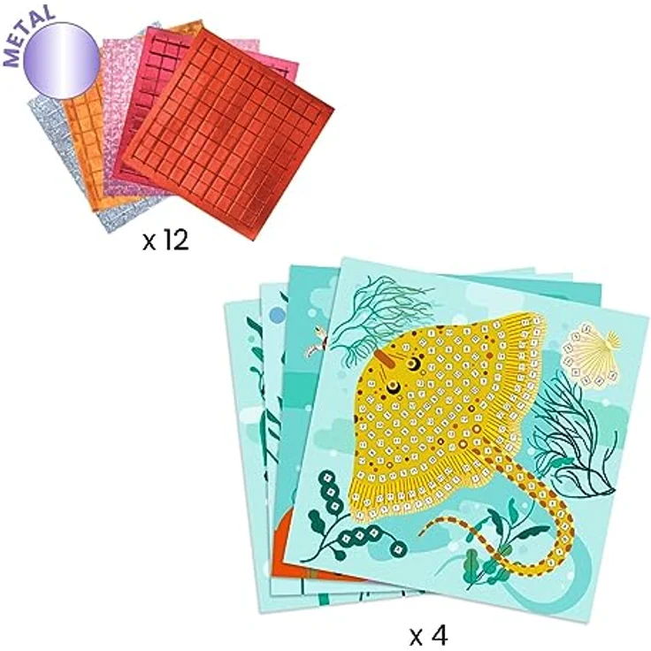 DJECO Kreativset Bastelpackung Mosaike Karibik Meerestiere, 4 illustrierte Vorlagen mit bunten Metallic-Mosaiksteinen, ab 5 Jahre – Bild 3