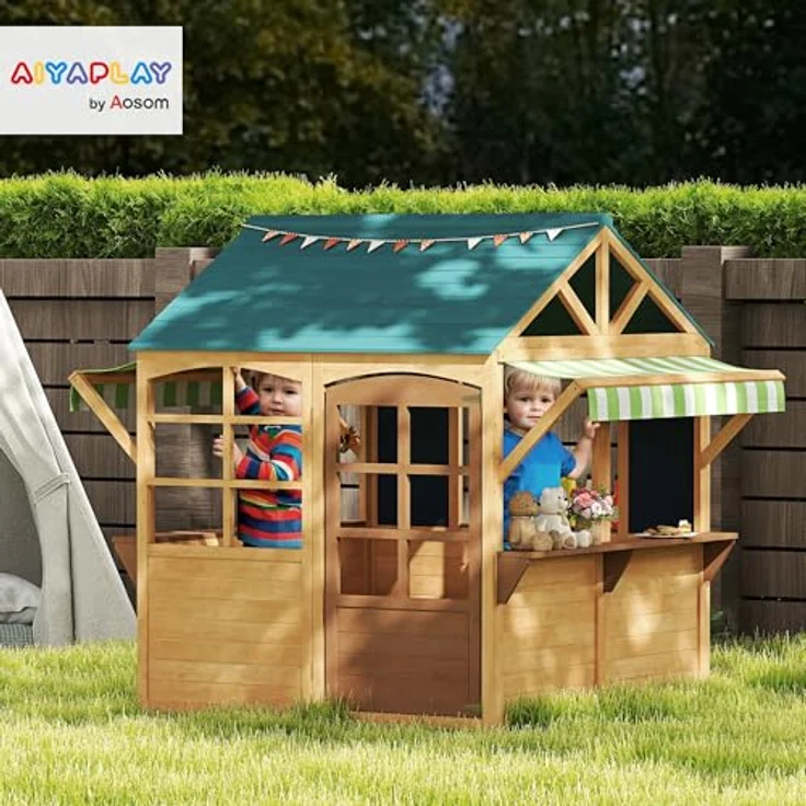 AIYAPLAY Spielhaus aus Holz Faltbar, Outdoor Kinderhaus mit 5 Fenstern, Tür, Fensterbank, Regenkappen für Kinder 3-8 Jahre – Bild 2