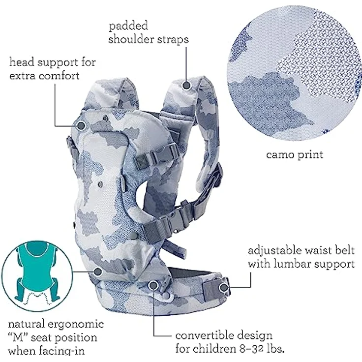 Infantino BKids Babytrage Flip Advanced, Blue Camo, 4-in-1 Rückentrage für Babys von 3,6 - 14,5 kg mit verstellbarer Sitzbreite – Bild 4