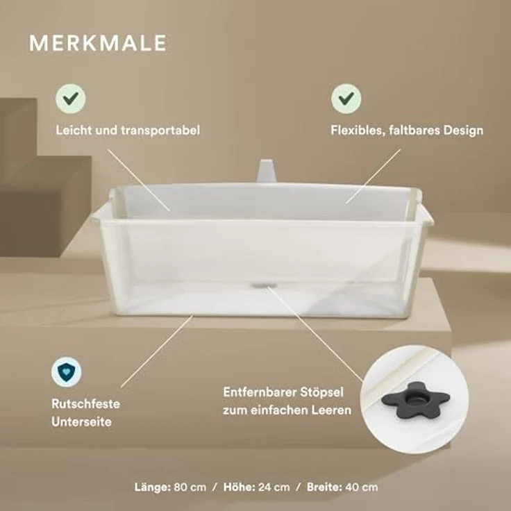 Stokke Flexi Bath X-Large, faltbare Babybadewanne in Sandy Beige, geräumig, leicht zu transportieren, ideal für Kinder von 0-6 Jahren – Bild 2
