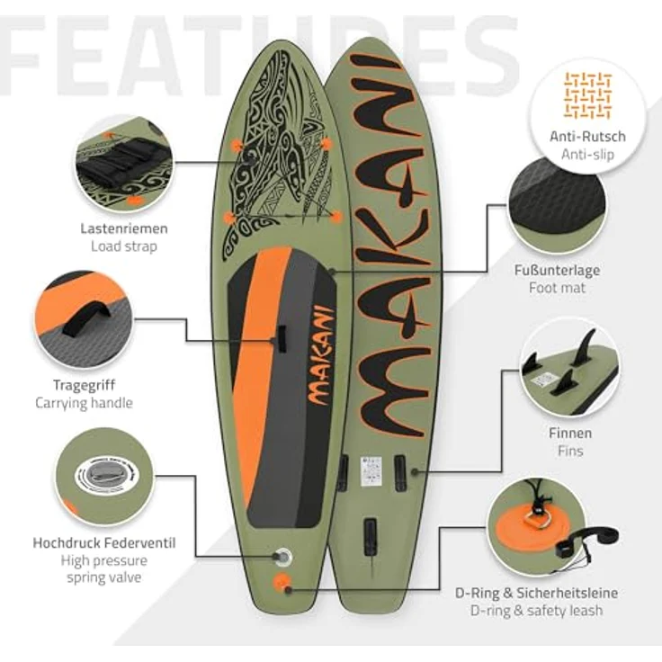 ECD Germany Aufblasbares Stand Up Paddle Board Makani, 320 x 80 x 15 cm, Olive, PVC, bis 120 kg, mit Pumpe und Zubehör – Bild 3