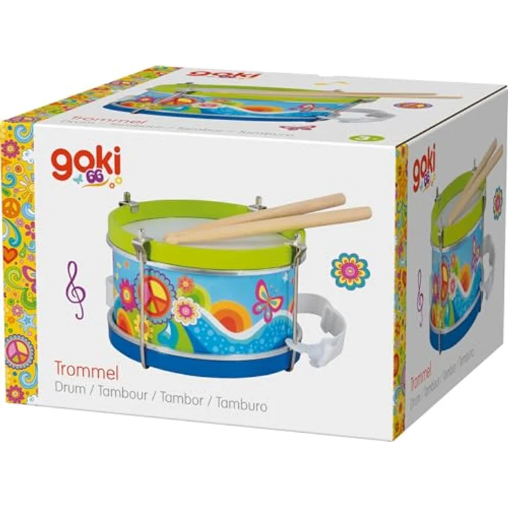 goki 61848 Trommel Blumenwiese, bunte Kinder Trommel aus Holz ab 3 Jahren mit Gurt & Holzstöcken, 21,5 cm, goki66-Serie – Bild 4
