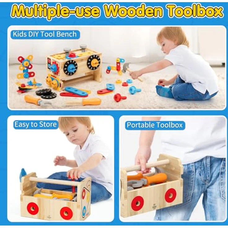 Lehoo Castle Montessori Werkzeugkoffer Kinder, 29-teiliges Holzspielzeug mit Werkbank, ideal für Jungen und Mädchen ab 2 Jahren – Bild 4