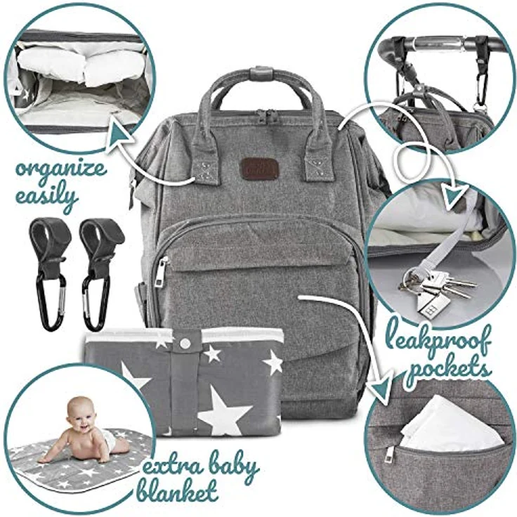 all Kids United® Wickeltasche Baby Wickelrucksack Deluxe Set, wasserfestes Nylon, Multifunktions-Babytaschen und mobile Wickelauflage, Kinderwagengurte, schwarz – Bild 5