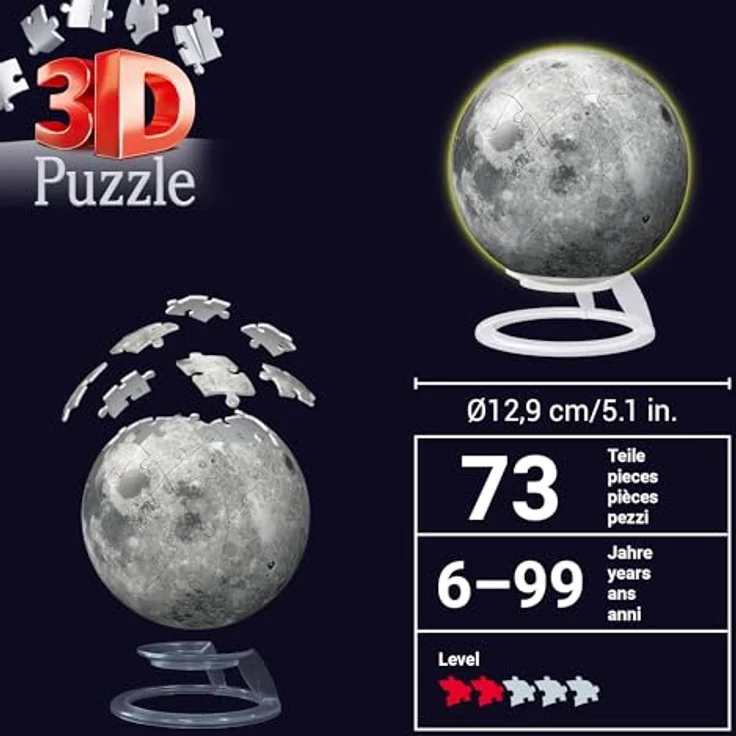 Ravensburger 3D Puzzle 11586 - Puzzle-Ball "Der Mond" - leuchtet im Dunkeln - dekorativer Glow-in-the-Dark Puzzleball - Grau – Bild 3