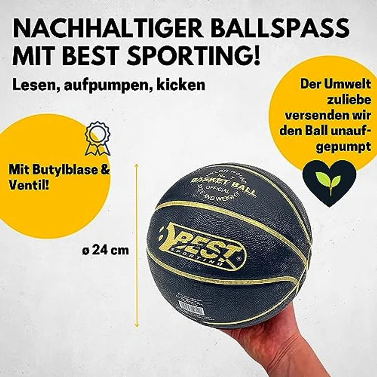 Best Sporting Basketball Größe 7 I Mit Doppelhubpumpe I Outdoor mit Grip I Schwarz/Goldem Design – Bild 4