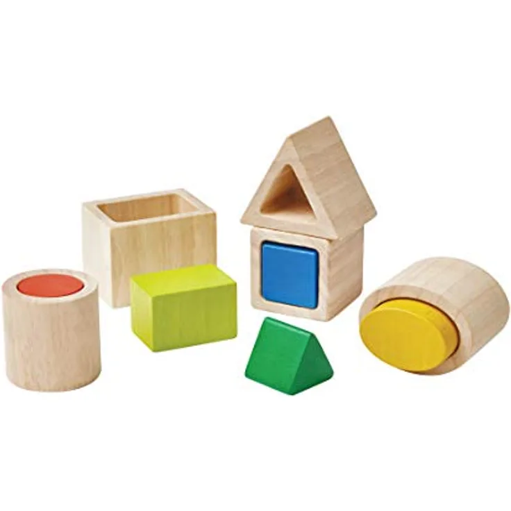 Plantoys Steckspielzeug Formenboxen, pädagogisches Spielzeug zur Geometrie- und Formenbildung, 5 bunte Formen, empfohlen ab 18 Monaten