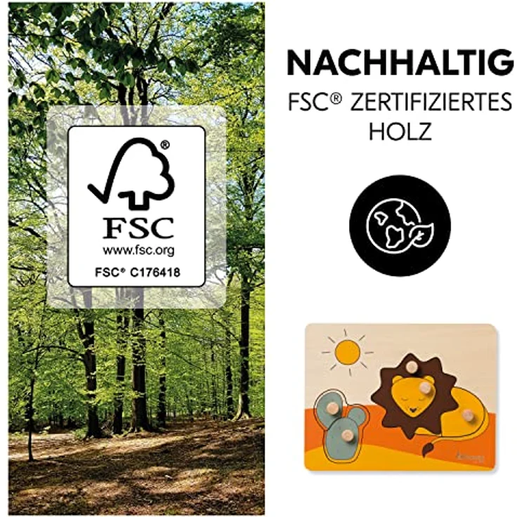 Hauck Greifpuzzle für Kleinkinder Puzzle N Sort Steckpuzzle ab 1 Jahr aus FSC® zertifizertem Holz, Lion - Holzpuzzle mit Tierformen, griffige Holzknöpfe, Förderung der Feinmotorik & Auge-Hand-Koordination – Bild 4