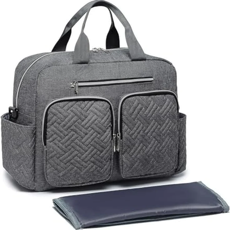 KONO Wickeltasche, große Windeltasche zum Aufhängen am Kinderwagen mit isolierten Fächern, Wickelauflage, wasserdicht und leicht (Dunkelgrau, 37x37x14,5cm) – Bild 1