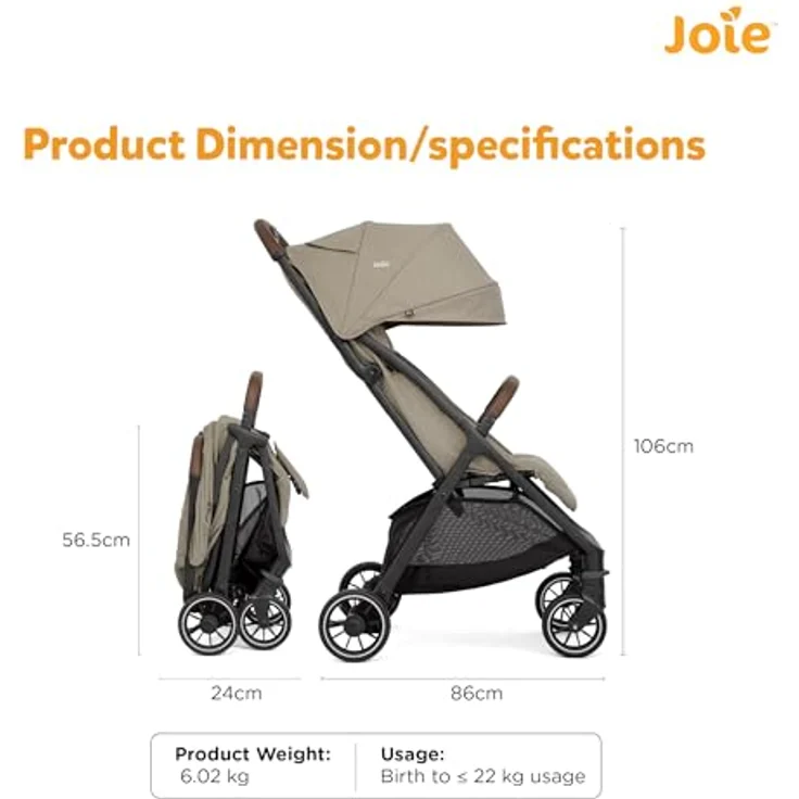 joie Reisebuggy & Sportwagen Pact Pro, 3-in-1 Kompaktbuggy bis 22 kg, nur 6,3 kg leicht, Liegeposition, inkl. Transporttasche, Adapter & Regenschutz - Oak – Bild 5