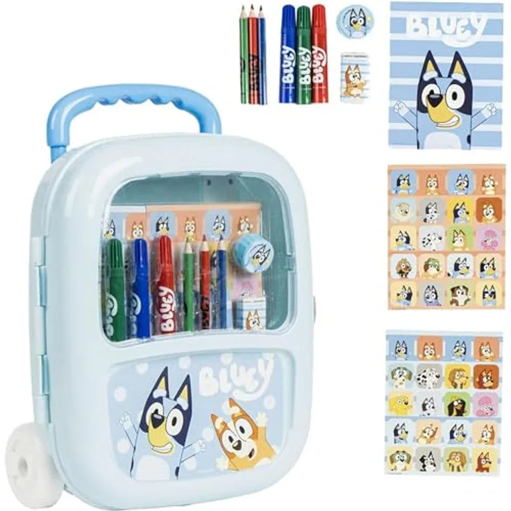Bluey Farbkasten Zeichenkoffer, Trolley mit Buntstiften, Filzstiften, Wasserfarben und Zubehör