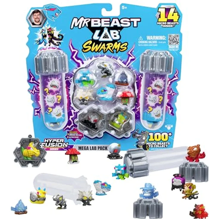 MrBeast Lab Swarms Hyper Fusion-Serie, Mega-Laborpackung mit 14 Mini-Monstern, 14 Sammelstickern & 4 Fusions-Kapseln, inklusive seltener und ultraseltener Editionen – Bild 1