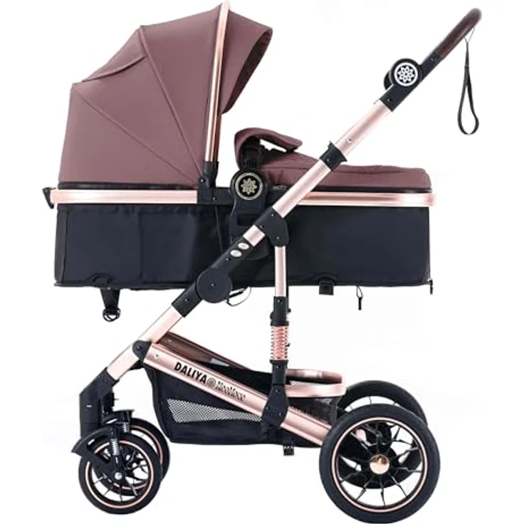 Daliya® NEOMOVE 2in1 Kombi-Kinderwagen, klappbare Babywanne und Sportsitz, leichte Aluminium-Konstruktion, große pannensichere Räder, stufenlos verstellbare Rückenlehne, großer Einkaufskorb (Rosegold-Violett) – Bild 1