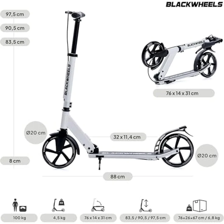 BLACKWHEELS ORIO City Scooter Bigwheel 200mm Klappbar Weiß, Tretroller Kickscooter bis 100kg, Doppelte Bremse, Tragegurt – Bild 6