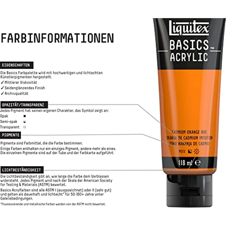 Liquitex Basics Acrylfarbe Kadmiumorange, 118ml Tube, lichtecht, mittlere Viskosität, seidenglänzend, monopigmentiert, Archivqualität – Bild 3