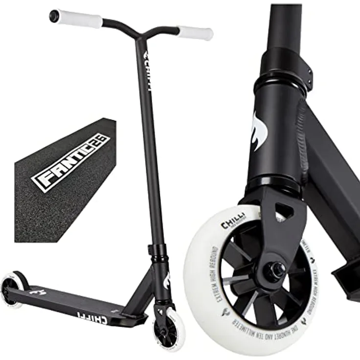 Chilli Pro Scooter Stunt-Scooter H=82cm Trick Tret Roller Schwarz/Weiss + Fantic26 Sticker + Griptape