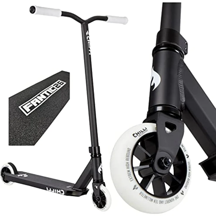 Chilli Pro Scooter Stunt-Scooter H=82cm Trick Tret Roller Schwarz/Weiss + Fantic26 Sticker + Griptape – Bild 1