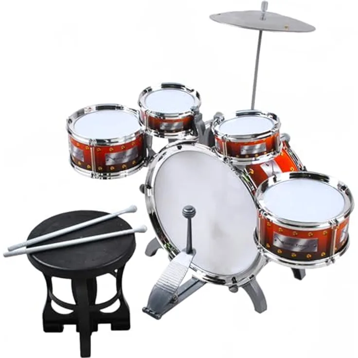 KRUZZEL Kinderschlagzeug 5-teilig für Kinder ab 3 Jahren – Komplettes Drum-Set mit Hocker & Becken, ergonomisches Design, klarer Klang, einfach aufzubauen