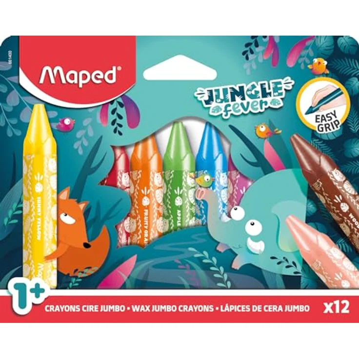 Maped Maxi-Wachsmalstifte JUNGLE FEVER JUMBO - Kinderwachsstifte für Babys ab 1 Jahr - Dreieckige Form - 12 Jumbo-Wachsmalstifte in kräftigen Lichtfarben – Bild 1