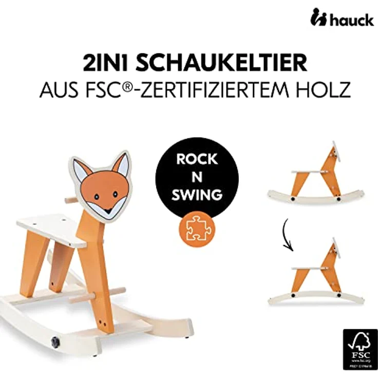 hauck Schaukeltier für Kleinkinder Rock N Swing ab 18 Monate bis 50 kg, Schaukelpferd Holz (FSC® Zertifiziert), Kufen Drehbar - Umbaubar zum Schaukelsitz (Fox) – Bild 2