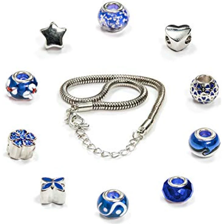 VALIOSA Merry Christmas Mode-Schmuck Adventskalender mit Halskette, Armband + 22 individuelle Perlen-Anhänger aus Glas & Metall, Geschenkidee für Mädchen, blau, 24-teilig – Bild 4