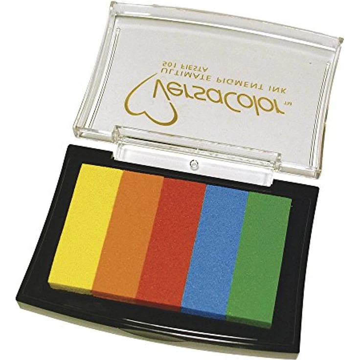 Rayher Stempelkissen Versacolor, 5 Farben (gelb, orange, rot, blau, grün), 7,5 x 4,7 cm, säurefrei und farbbeständig – Bild 1