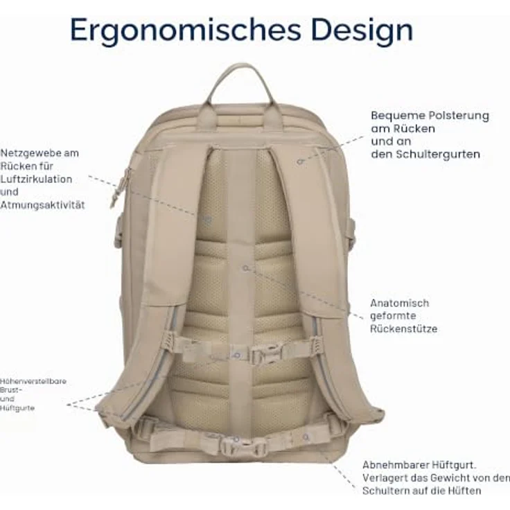 Beckmann Norway Street Go Schulrucksack, Beige 26L mit Laptopfach, Reißverschluss – Bild 4