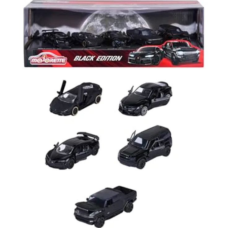 Majorette Auto-Set Black Edition, 5 schwarze Modellautos aus Metall mit Freilauf, Federung & zu öffnendem Teil, Spielzeugautos für Sammler und Kinder ab 3 Jahre, je 7,5 cm