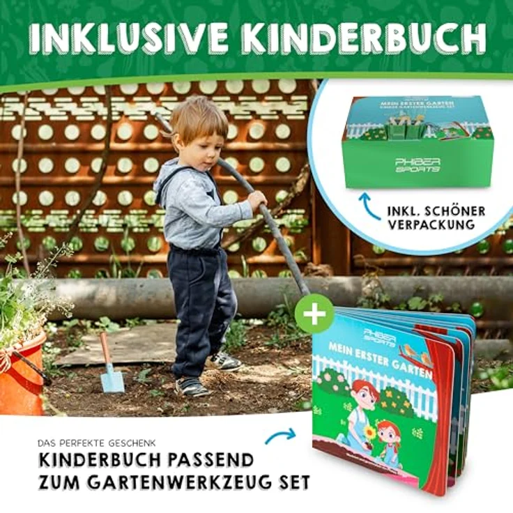 PHIBER-SPORTS Kinder Gartenwerkzeug Set (11 Teile) mit Kindergartenbuch, Metall Schaufel und Gießkanne, geeignet für Garten, Sand und Strand, ab 3 Jahre – Bild 5