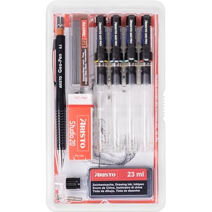 Aristo Tuschefüller Kassette MG1, Set mit 4 Füllern (0,25 mm - 0,70 mm), inkl. Feinminenstift und 23 ml Nachfülltusche, transparent – Bild 2