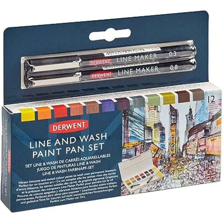 Derwent Line and Wash Farb-Set, Set mit 12 Farbtöpfchen, 2 Fineliner-Stiften, 5 Mischpaletten und Schwamm, tragbares Set für Aquarell- und Mischtechnik – Bild 3