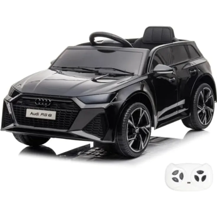 Vrooomy Audi RS6 Kinder Elektro Auto, 12V Akku mit Fernbedienung, Scheinwerfer, Bluetooth MP3-Player, Schwarz, geeignet für 1 bis 5 Jahre
