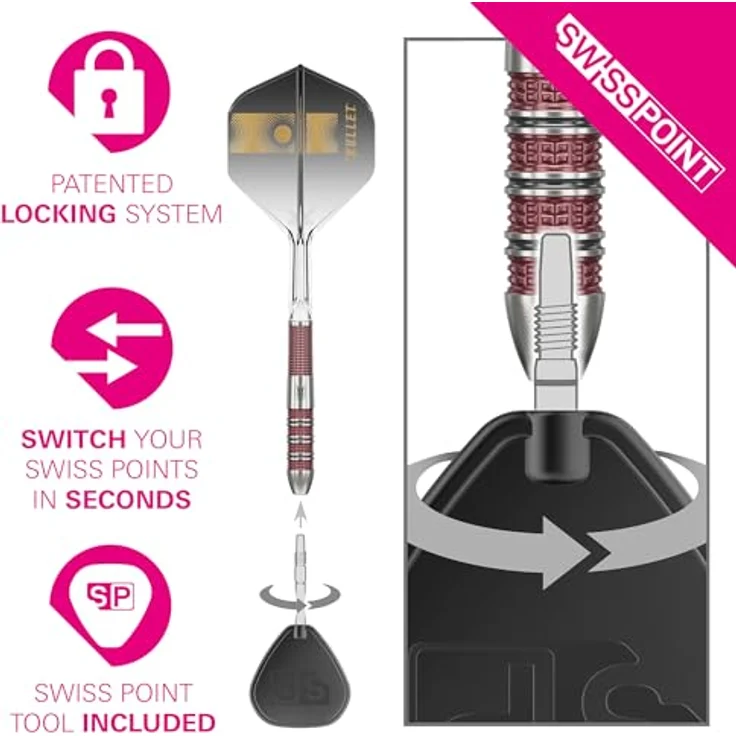 Target Darts Stephen Bunting 95K Dart-Set, 95% Wolfram, 18 g, Swiss Point-Steelpoints und K-Flex-Flights, Goldfarbene DX-Ersatzpoints – Bild 4