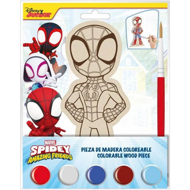 Spiderman Spidey Holzfigur zum Bemalen, DIY Bastelset mit wasserbasierten Acrylfarben, 12-15 cm