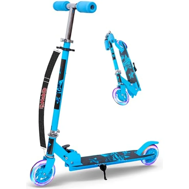 Habib Gruppe Kids Scooter, Mitwachsender Tretroller mit LED-Rädern, klappbar, 4-stufig höhenverstellbar für Kinder 3-10 Jahre, Blau