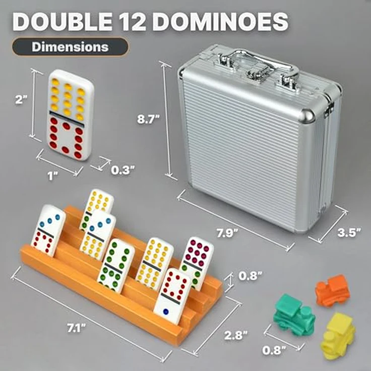 Queensell Mexikanisches Zug-Domino-Set D12, mit 4 Haltern aus Holz, 91 farbenfrohen Spielsteinen und Aluminium-Tragekoffer, für 2-9 Spieler ab 8 Jahren – Bild 3