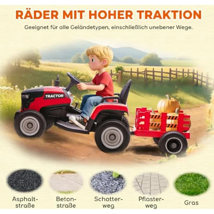 AIYAPLAY Elektrischer Kinder Traktor mit Anhänger, 3-Gang, 2 Motoren, rot, für 3-8 Jahre – Bild 9