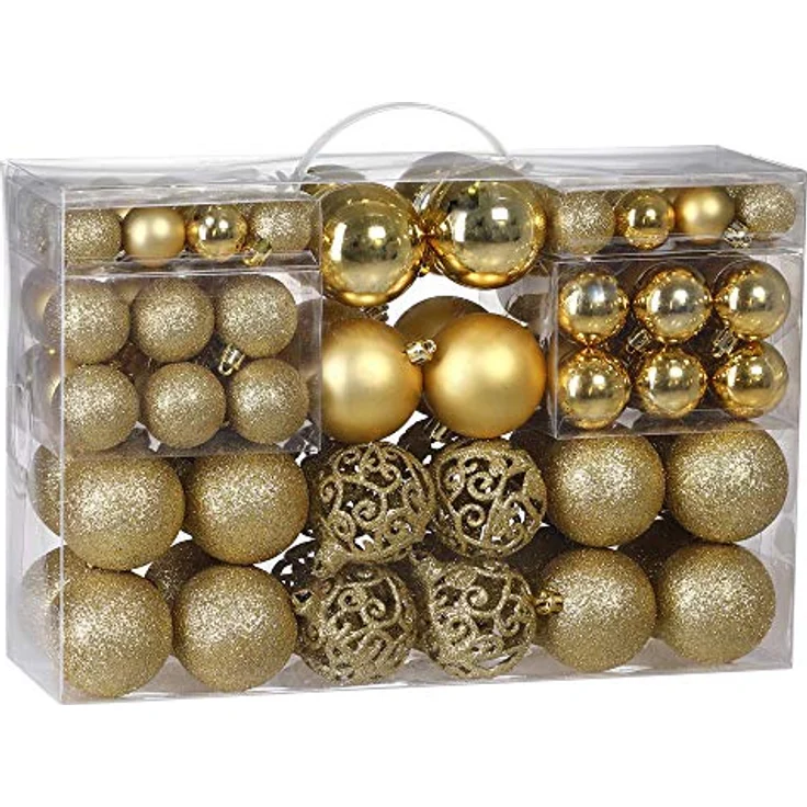 DEUBA® Weihnachtskugeln 100tlg Ø 3-6cm Kunststoff matt glänzend Christbaumkugeln Christbaumschmuck Anhänger Weihnachtsbaumkugeln Weihnachtsdeko Gold – Bild 1