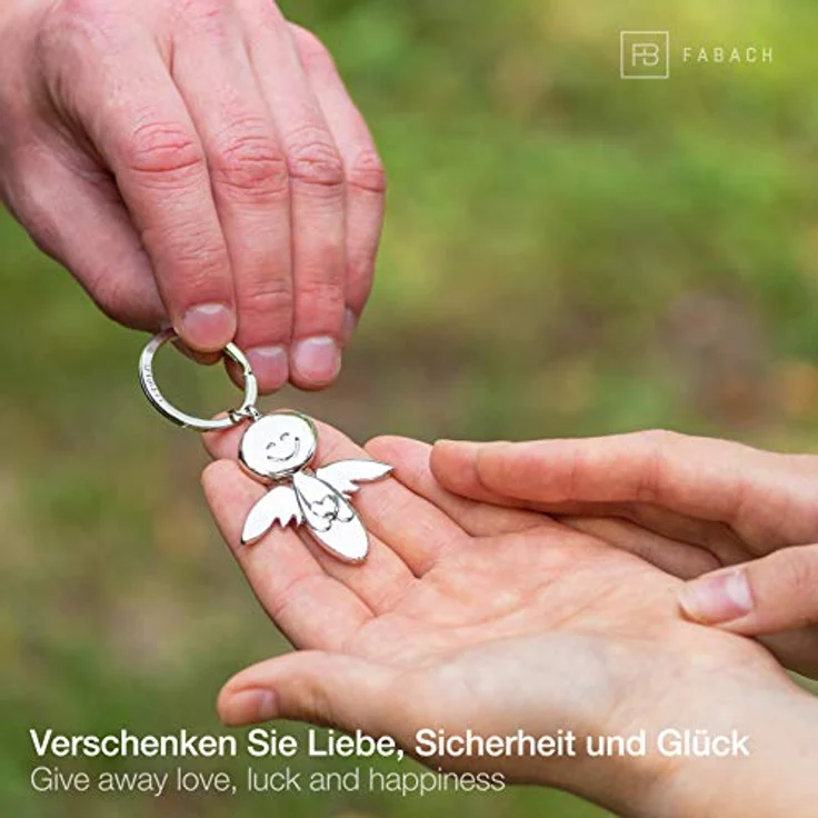 FABACH Schutzengel Schlüsselanhänger Smile mit Herz - Edler Engel Anhänger aus Metall in glänzendem Silber - Geschenk Glücksbringer Auto Führerschein - Fahr vorsichtig – Bild 3
