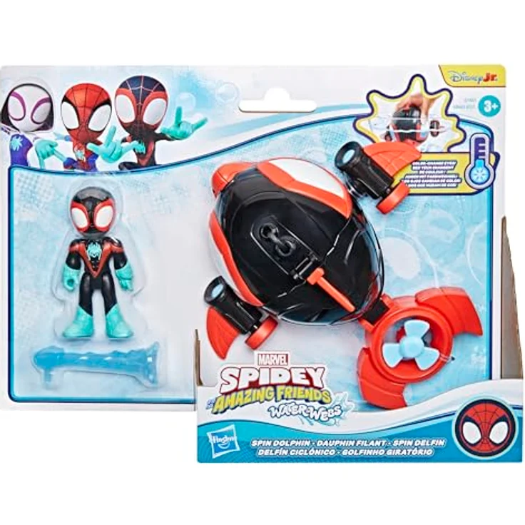 Spidey and his Amazing Friends Marvel Spidey Water-Webs Spielzeug mit 7,6 cm Miles „Spin“ Morales Figur & Delfin-U-Boot – Farbwechsel-Augen, abnehmbares Netz-Accessoire – Disney Jr. – Bild 2