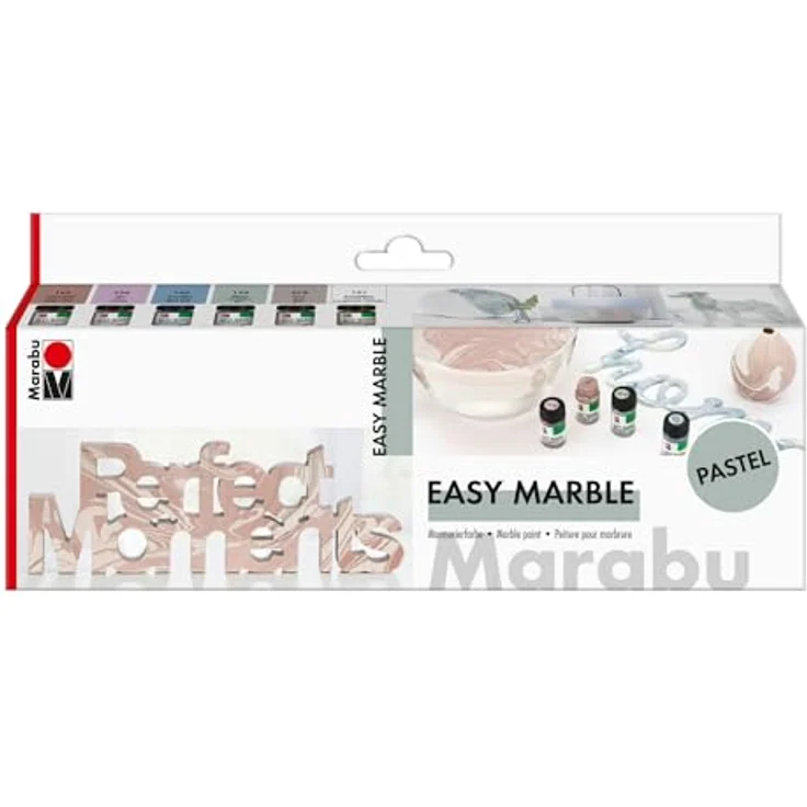 Marabu Easy Marble Pastell Set 1305000000081, 6 zarte Marmorierfarben für Tauchmarmorieren von Kunststoff, Glas, Holz, Styropor, 15 ml pro Farbe – Bild 1