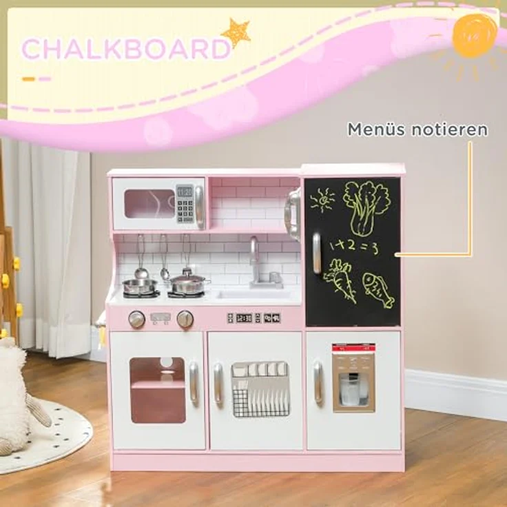 AIYAPLAY Kinderküche Spielküche mit Mikrowelle, Herd, Spüle, Kreidetafel und Spielzeug Telefon, rosa, für 3-8 Jahre, inkl. Küchenzubehör Spielset – Bild 3