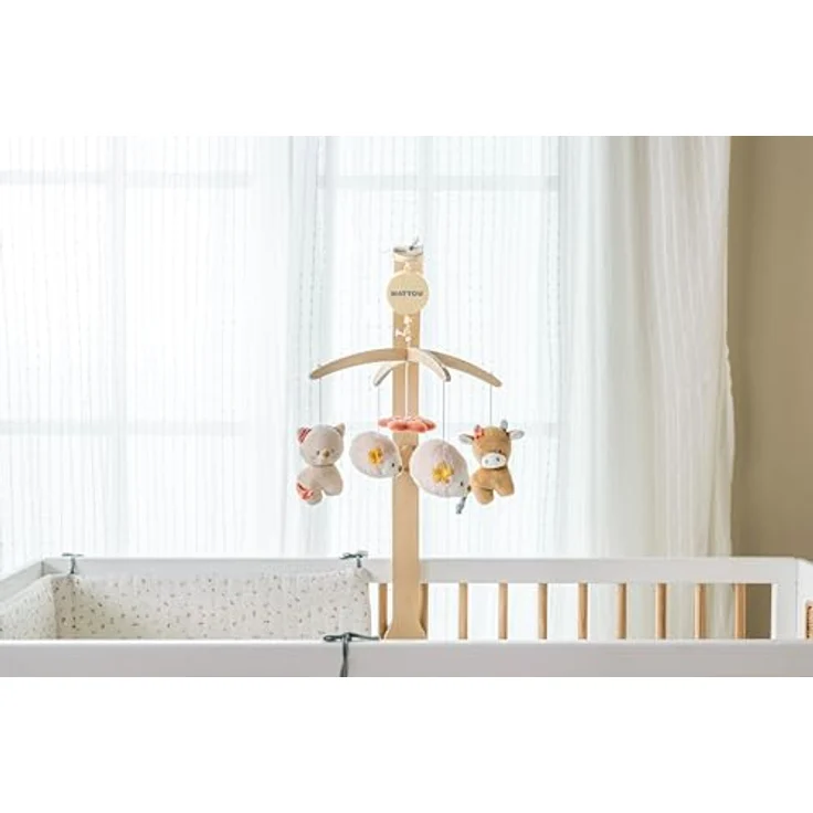 Nattou Mobile Igel, Kuh und Katze mit Spieluhr und Wiegelied "La-Le-Lu", Beige, 65 x 31 cm, aus Holz und Velours, für Baby-Betten und Laufgitter – Bild 3