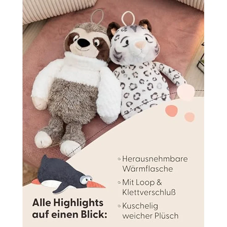 Nici Wärmflasche Winter, Faultier Izzy Icetumbler, 300 ml, 34 cm, 2in1 Kuscheltier & Wärmflasche, braun-weiß, aus recyceltem Material – Bild 4