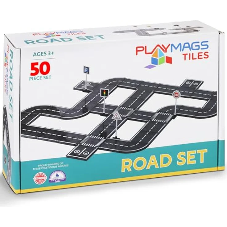 Playmags Magnetisches Straßenset, 50-teiliges STEM-Lernspielzeug mit 40 Straßenplättchen, 5 Ampeln und Verbindungsstücken für Kleinkinder ab 3 Jahren – Bild 1