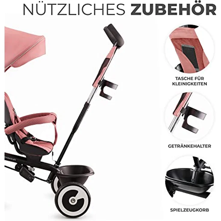 kk Kinderkraft ASTON Dreirad ab 9 Monate bis 25 kg, Kinderdreirad mit schubstange, drehbarer Sitz Vorwärts und Rückwärtsfahrt, ausklappbarem Verdeck mit sonnenschutz, Getränkehalter korb im set, Rosa – Bild 5