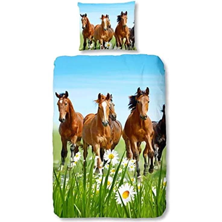 Traumschloss Renforcé Bettwäsche »Horses«, Pferde, Wiese, grün, 135x200 & 80x80, 100% Baumwolle, atmungsaktiv & weich, Kinderbettwäsche-Set mit Reißverschluss bestehend aus Kissen und Bettbezug