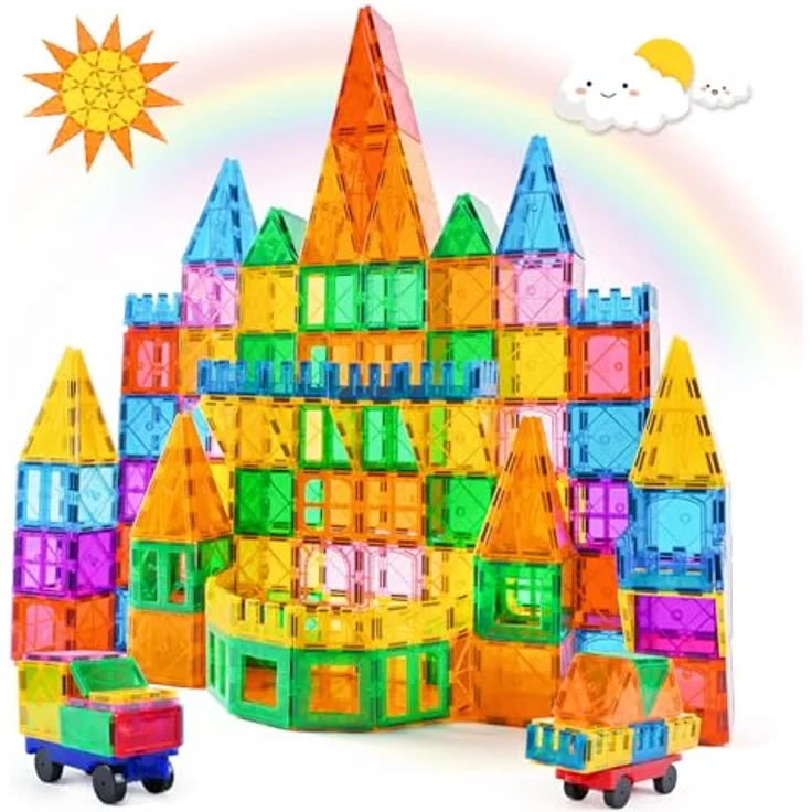 Katiago Magnetische Bausteine, 100 PCS Set mit 2 Autos, bunt, STEM Montessori Spielzeug für Kinder ab 3 Jahren, kreatives Bauspielzeug – Bild 1