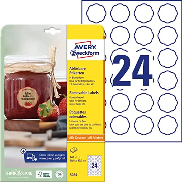 AVERY Zweckform Marmeladenetiketten Art. 5084 (240 Aufkleber ablösbar, 40,8x40,3mm, Blumenform, FSC-zertifiziert, für Einmachgläser, Geschenke) - 10 Blatt, weiß – Bild 1