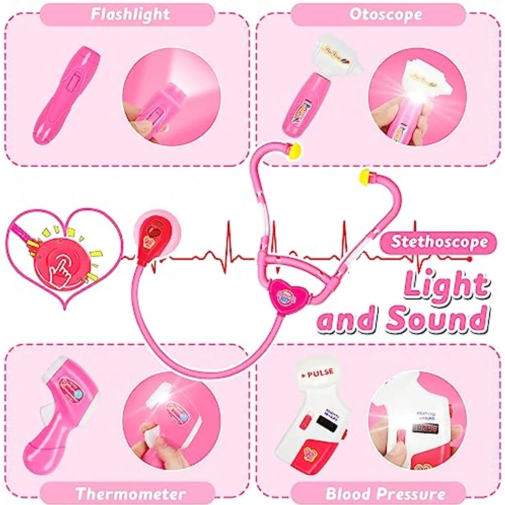 Fivejoy 43Stk Arztkoffer Kinder ab 3 Jahre, Doktorkoffer Kinder Rollenspiel Spielzeug mit Rosa Arztkittel and Puppe, Doktor-Spiel-Set Medizinischer Koffer Geschenk für 3 4 5 Jährige Mädchen(Rosa) - Preisvergleich – Bild 5